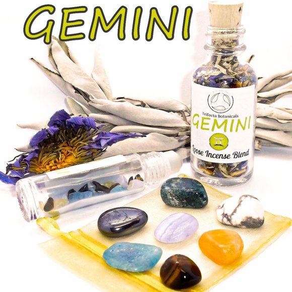 ♊ GEMINI Zodiac Gift Set ♊ Roller Bottle + Pocket Crystals + Loose Incense Blend - Picture 1 of 6